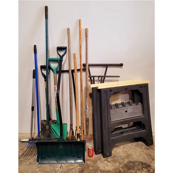 Assorted Tool & Home Improvement Lot w/ Stanley Saw Horse, Rake, Snow Shovel, Shovels, & More