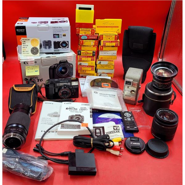 Camera, Lens, & Film Lot w/ Canon Sure Shot Camera, Assorted Lenses, Kodakchrome Film, & More