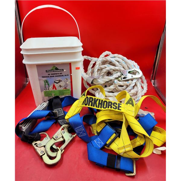 Peakworks 50' Roofer's Kit w/ Full-Body Harness, ADP Rope Grab, Reusable Roof Bracket, & More