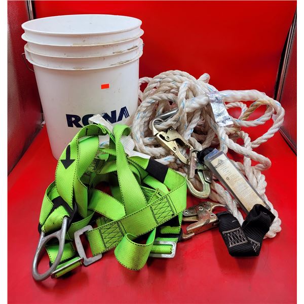 Roofer's Kit w/ Harness, Life Line w/ Snap Hook, Waterproof Pail, & More