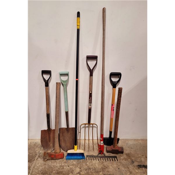 Assorted Tool Lot w/ Shovels, Axe, Sledgehammer, Pitchfork, & More