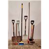 Image 1 : Assorted Tool Lot w/ Shovels, Axe, Sledgehammer, Pitchfork, & More