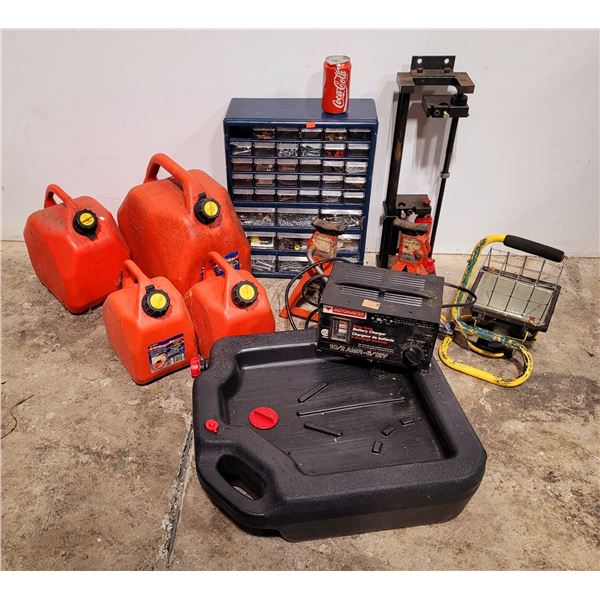 Miscellaneous Lot w/ Jerrycans, Work Light, Battery Charger, Parts Cabinet, Jack Stands, & More