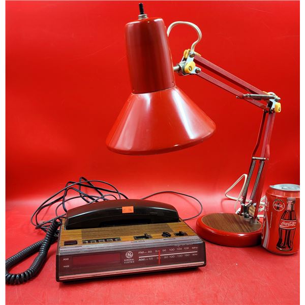 VTG General Electric Radio Alarm Clock Telephone & MCM Red Swing Arm Lamp