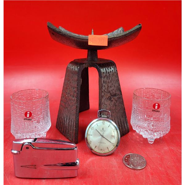 MCM Brutalist Candleholder, MCM Iittala Shot Glasses Castell Pocket Watch, & Lighter