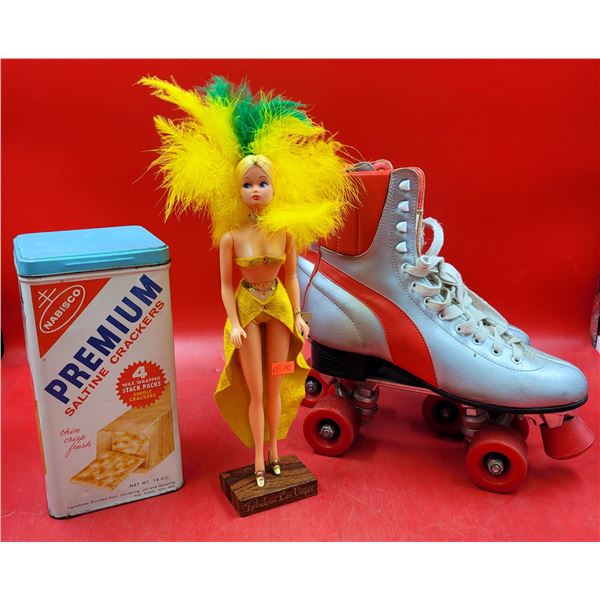 VTG Premium Saltine Crackers Tin, Roller Skates, & Las Vegas Doll