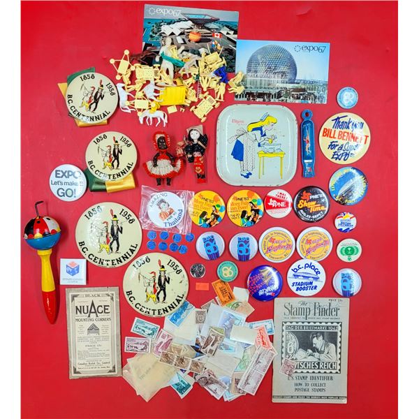 VTG Smalls Lot w/ Pins, Stamps, Expo 67 Postcards, & More