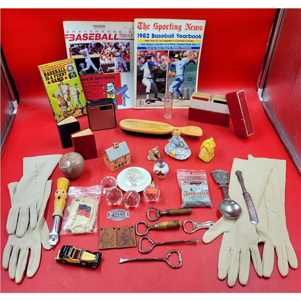 VTG Miscellaneous Lot w/ Women's Gloves, Bottle Openers, Baseball Magazines, & More