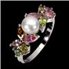 Image 2 : Marquise Cut TOURMALINE AND PEARL RING in 14K White Gold Plated 925 Sterling Silver - Size 8 - Appra