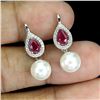 Image 2 : Fine RUBY EARRINGS AND PEARL in 14K White Gold Plated 925 Sterling Silver - Appraised Replacement Va