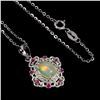 Image 2 : Oval Cabochon FIRE OPAL AND RUBY NECKLACE in 14K White Gold Plated 925 Sterling Silver -18 inches lo
