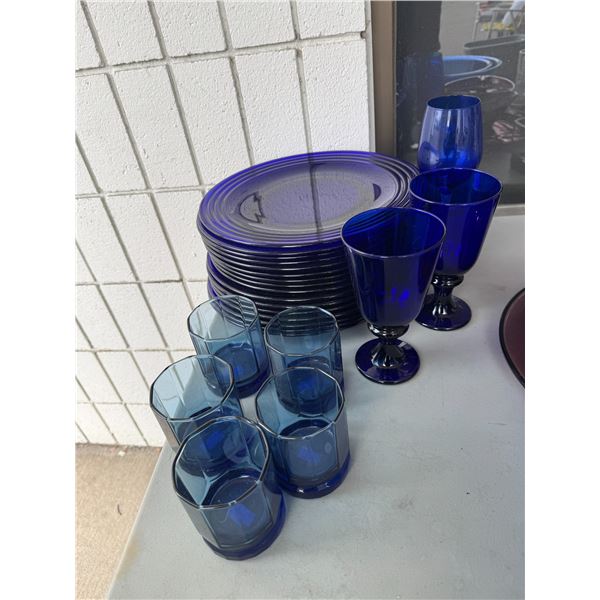 Blue plates and glasses