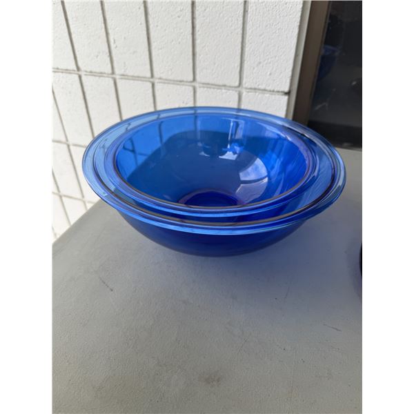Blue Pyrex mixing bowls