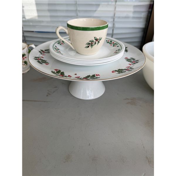 Christmas, Holly, Japan cake plate with Coral side, dishes, and Spode mug
