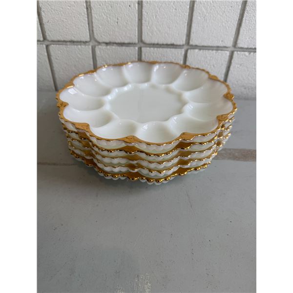 Anchor Hocking Fire-King milk glass deviled egg plates with gold trim