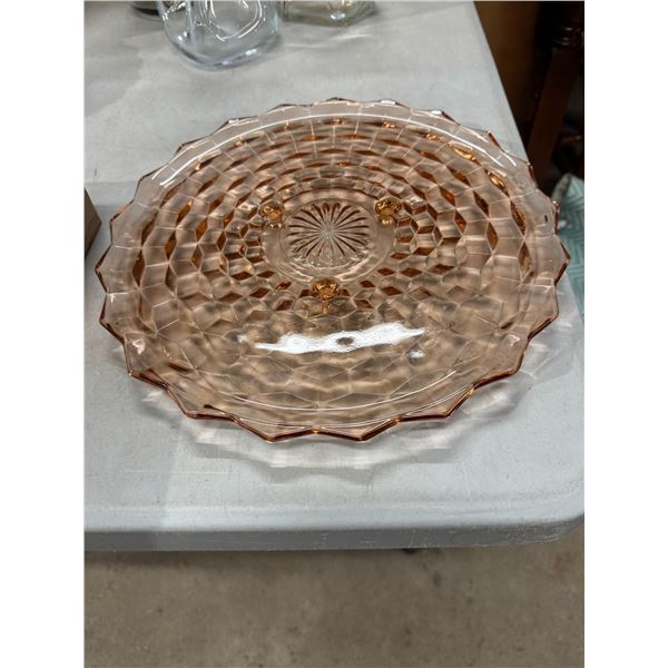 3 footed, pink glass cake plate