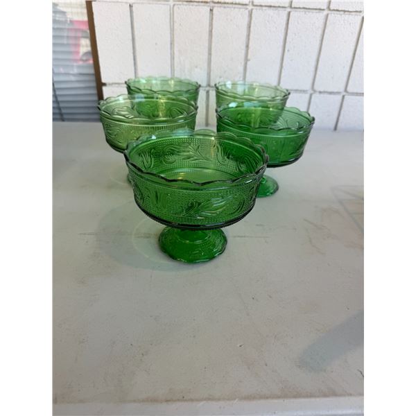 E.O. Brody emerald green glass pedestal compotes