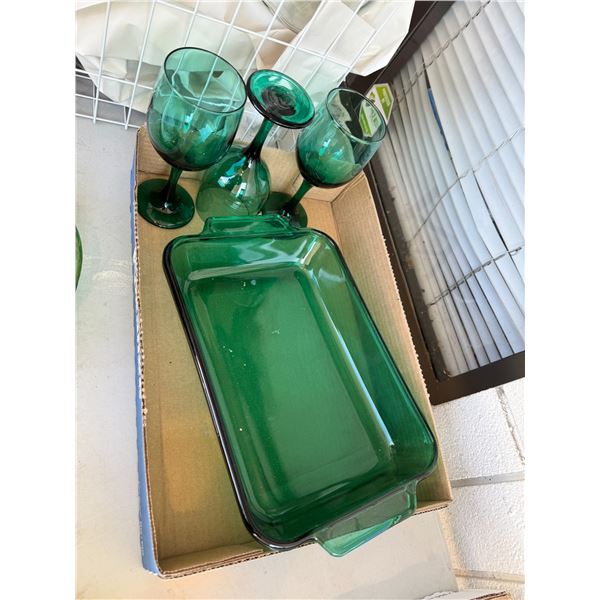 Wine, glasses, and baking dish green