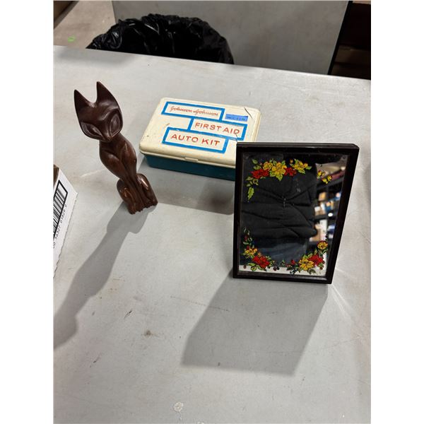 Musical Mirror carved Cat and vintage first aid kit