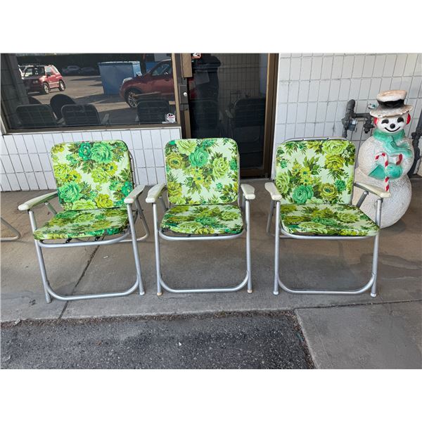 3 vintage folding chairs with metal strapping