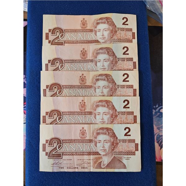 5x 1986 $2 Canadian bills