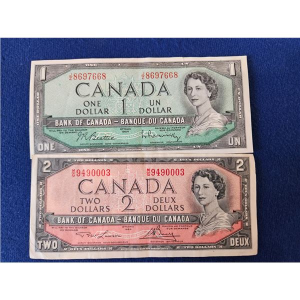 1954 $1 & $2 Canadian bills