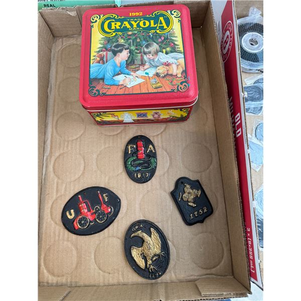 Cast iron items and Crayola tin