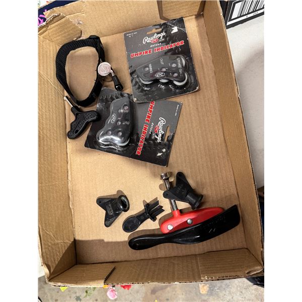 Sporting items, umpire indicator and other items