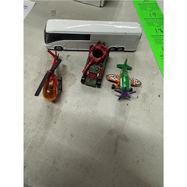 Toys, bus, airplane, helicopter, and tank