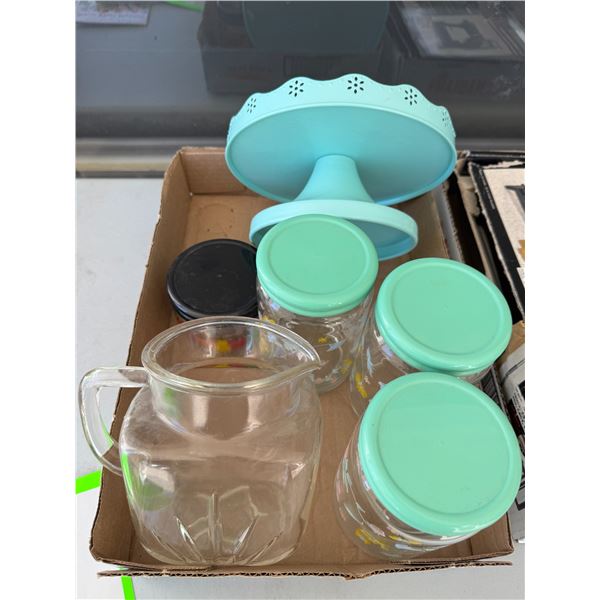 Canisters glass juice, jug, and cake plate