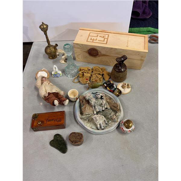 Assorted collectibles and Wood box