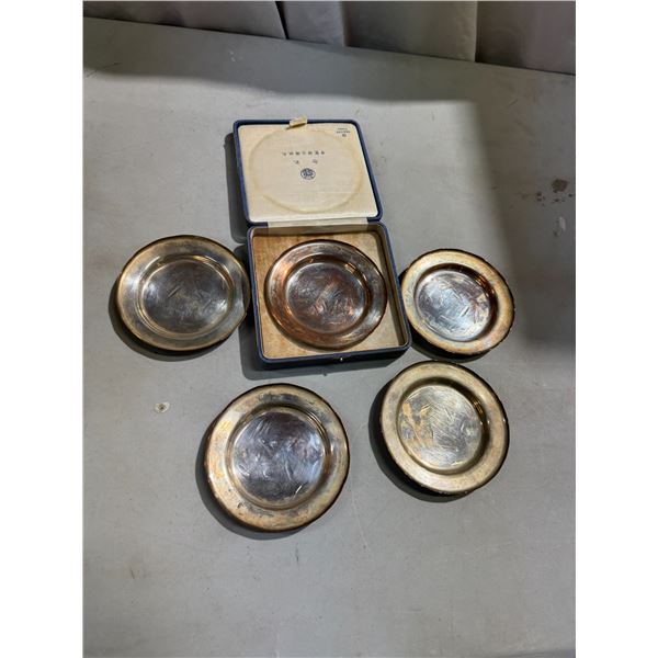 set of five antique silver-plated bread plates, one of which is in its original box