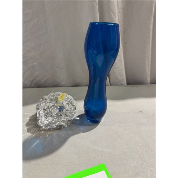 Vintage Orrefors raspberry candle holder and blue vase