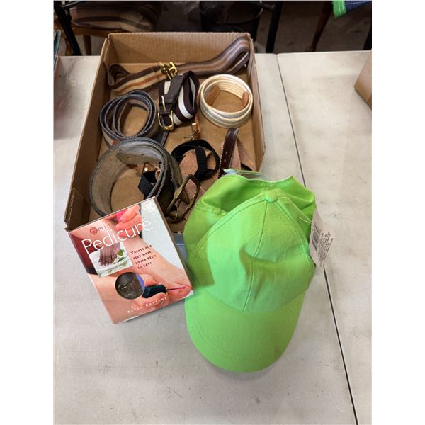 Five minute pedicure, hat, and belts