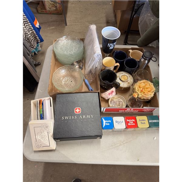 Dishes, purse, tins, mugs, etc.