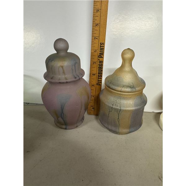 Blown glass lidded jars with drip glaze