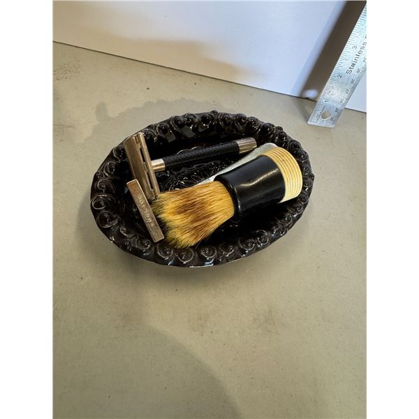 Razors, shaving brush, and dish