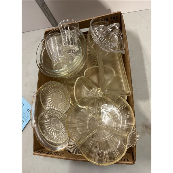 Serving dishes, glass, juicer, juice, glasses, etc.