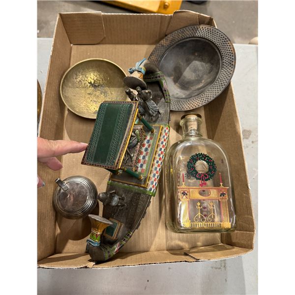Brass dish, boat, decor, and other items