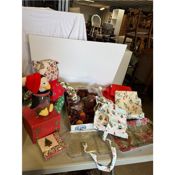 Christmas decor, linens, trays, etc.