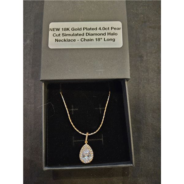 18K Gold plated 4.0ct Pear Cut simulated Diamond Halo necklace- 18" long