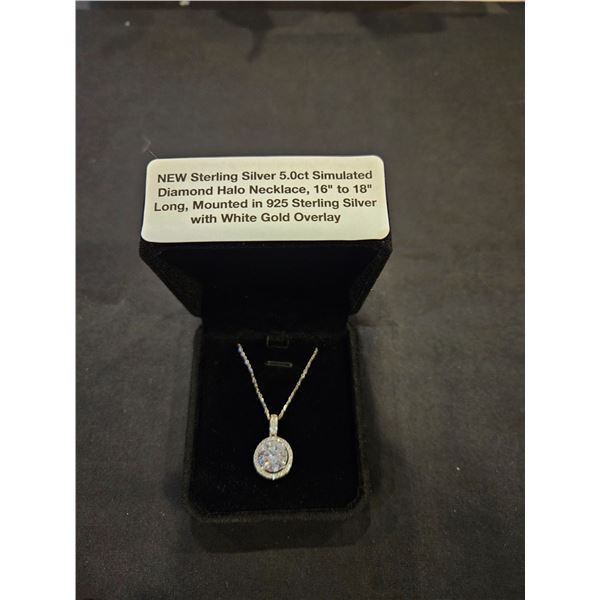 Sterling Silver 5.0ct Diamond Halo Necklace- 16-18" long