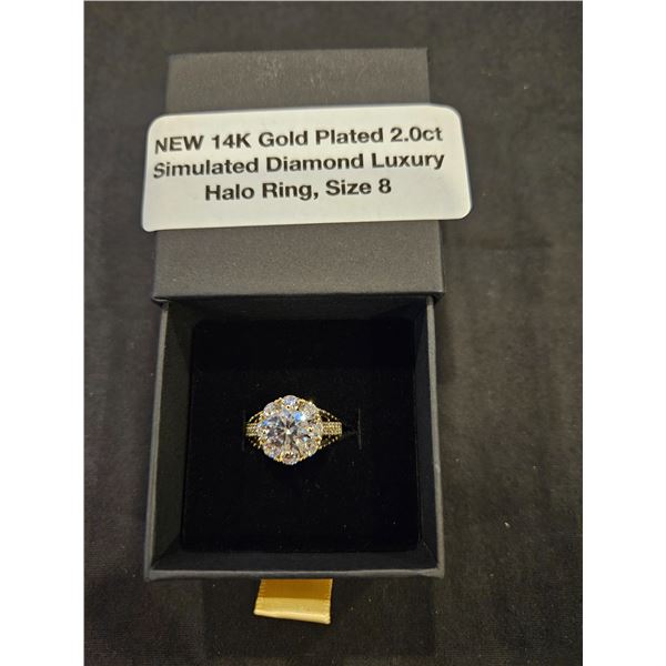 14K Gold plated 2.0ct luxury halo ring- Size 8