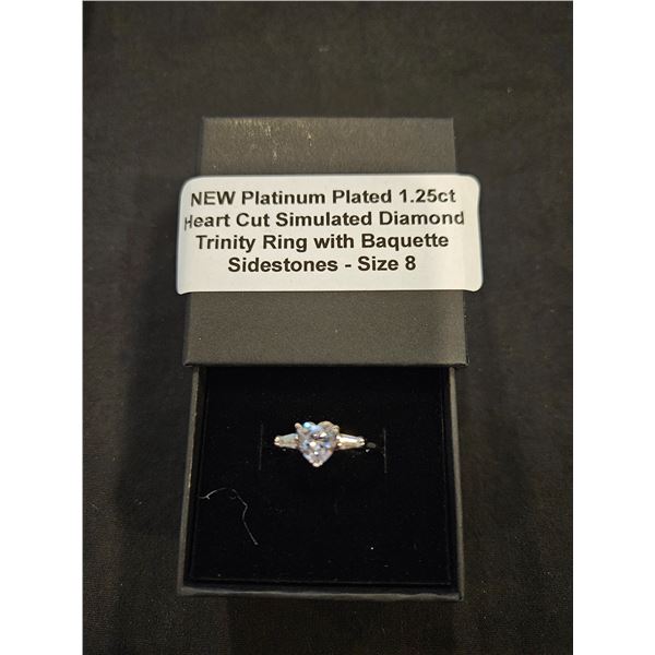 Platinum plated 1.25ct Heart cut trinity ring- Size 8