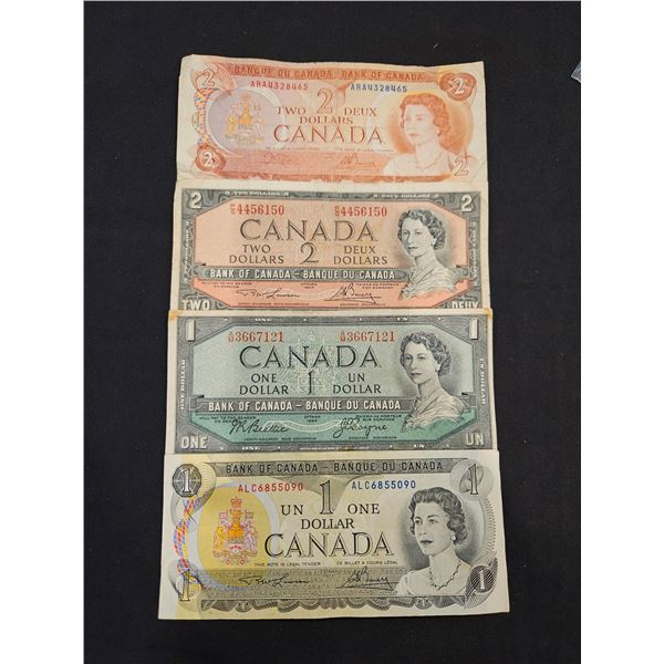 $1 Canadian bill x2, $2 Canadian bill x2