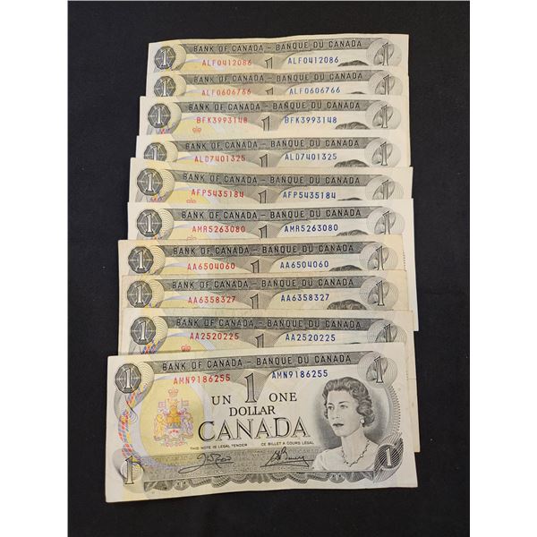 10x 1973 $1 Canadian bills