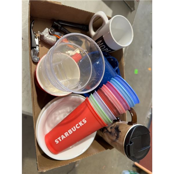 Mugs, dishes, bottle, openers, and stoppers