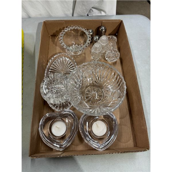 Crystal, salt and pepper shakers candle holders, etc.