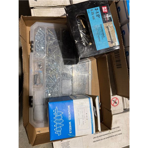 Sorted screws, roofing nails, and mounted wheels