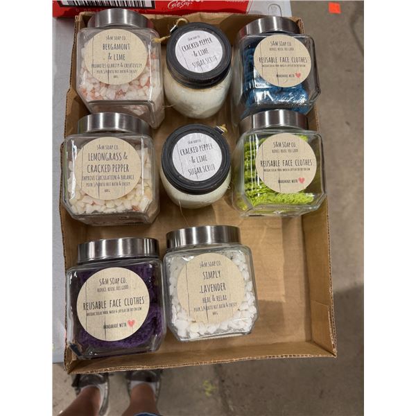 Bath salts, sugar, scrubs, and reusable face cloths